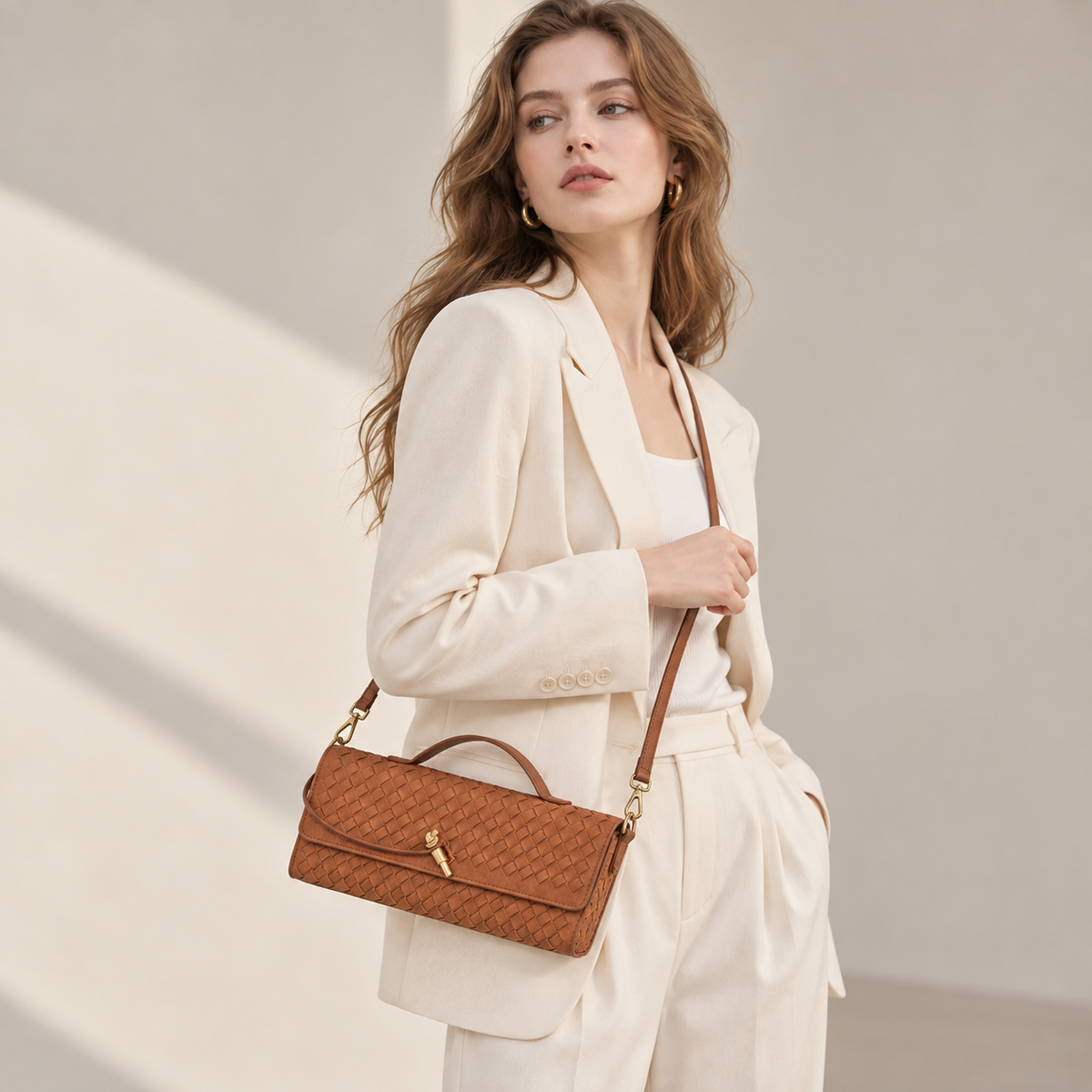 Brown woven vegan leather (PU) baguette shoulder bag — Line product view | Woven Rove