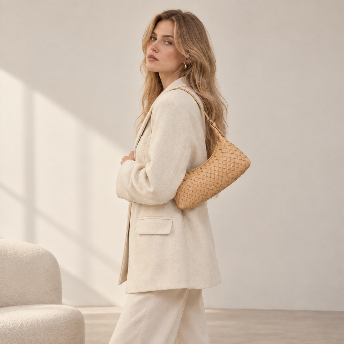 Apricot woven vegan leather (PU) crescent shoulder bag — Lune product view | Woven Rove