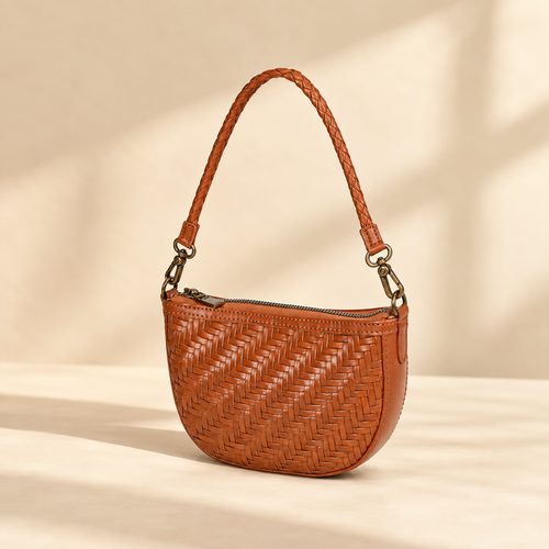 Mini Woven Cowhide Bag — Crescent Genuine Leather Crossbody Handbag in Brown — main product image | Woven Rove
