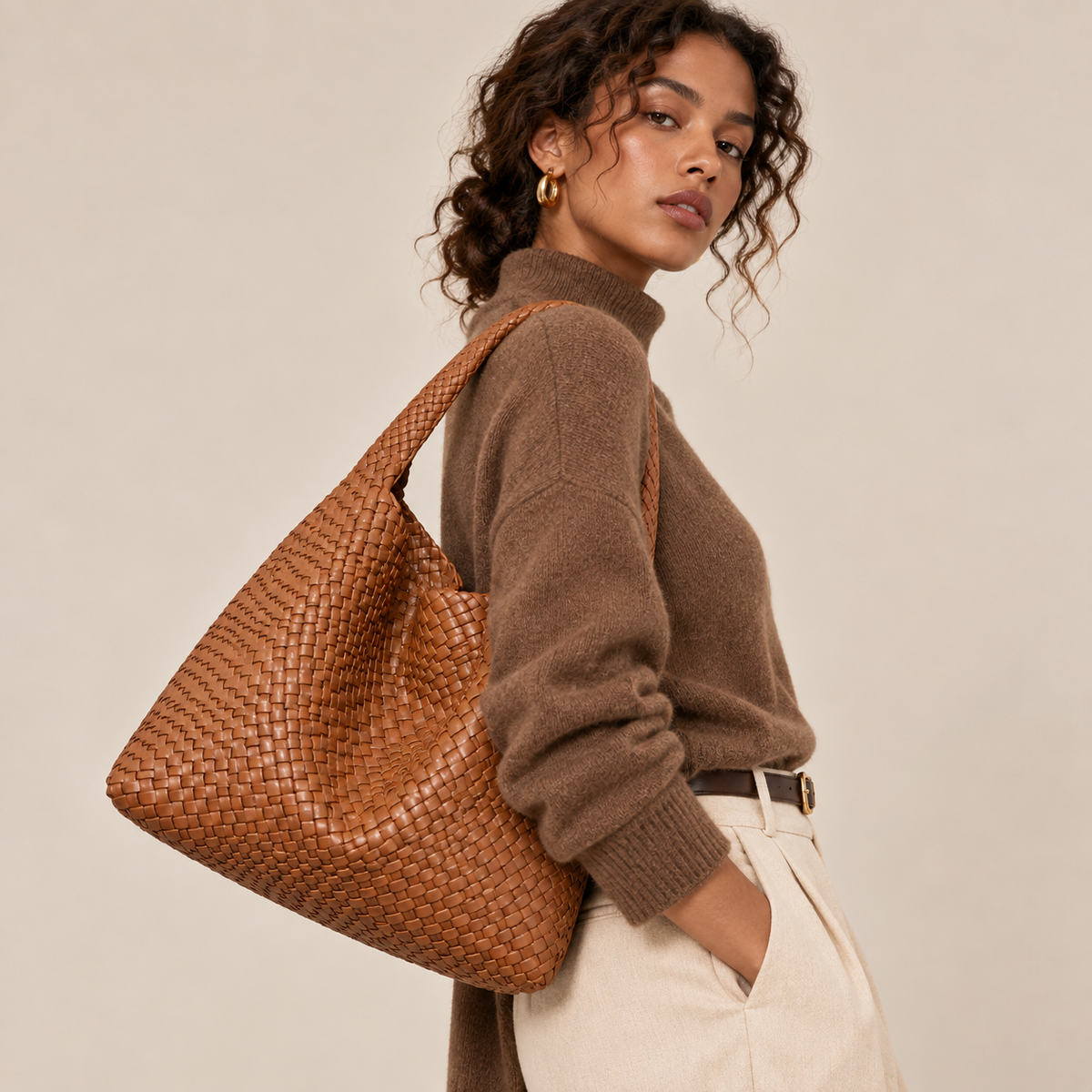 Brown woven vegan leather (PU) work tote bag with pouch — Nest product view | Woven Rove