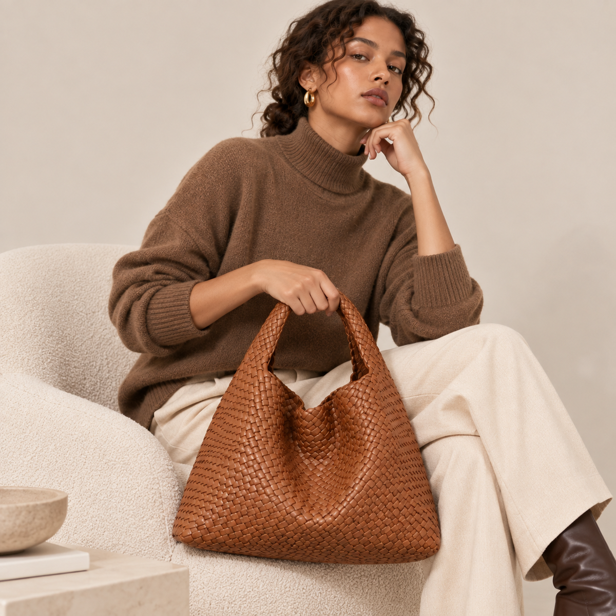 Brown woven vegan leather (PU) work tote bag with pouch — Nest product view | Woven Rove