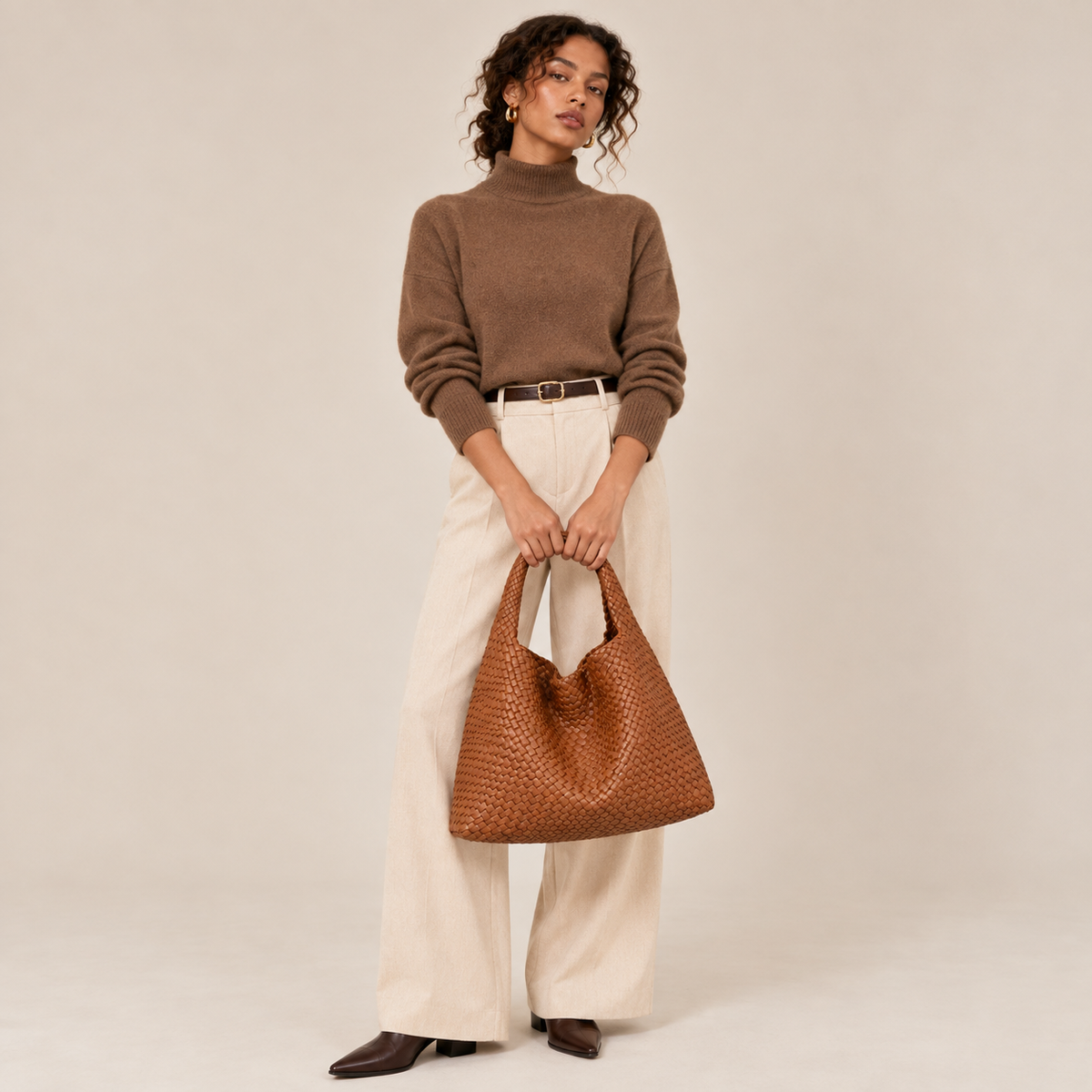 Brown woven vegan leather (PU) work tote bag with pouch — Nest product view | Woven Rove