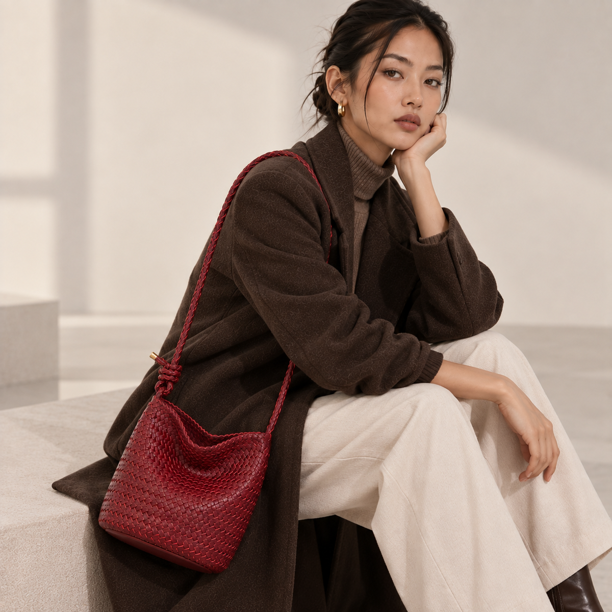 Bordeaux woven vegan leather (PU) bucket bag with rope handle — Rope-Handle product view | Woven Rove
