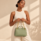 Woven Cowhide Tote Bag for Women — Braided Leather Shoulder Bag with Chain Accent