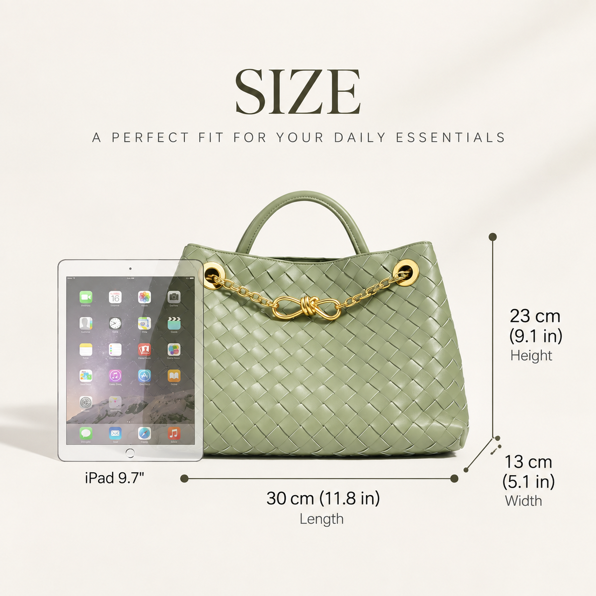 Woven Cowhide Tote Bag for Women — Braided Leather Shoulder Bag with Chain Accent