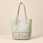 Woven genuine leather shoulder tote bag in caramel, matcha green or limestone | Woven Rove