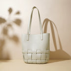 Woven Genuine Leather Shoulder Tote Bag – Caramel / Matcha / Limestone