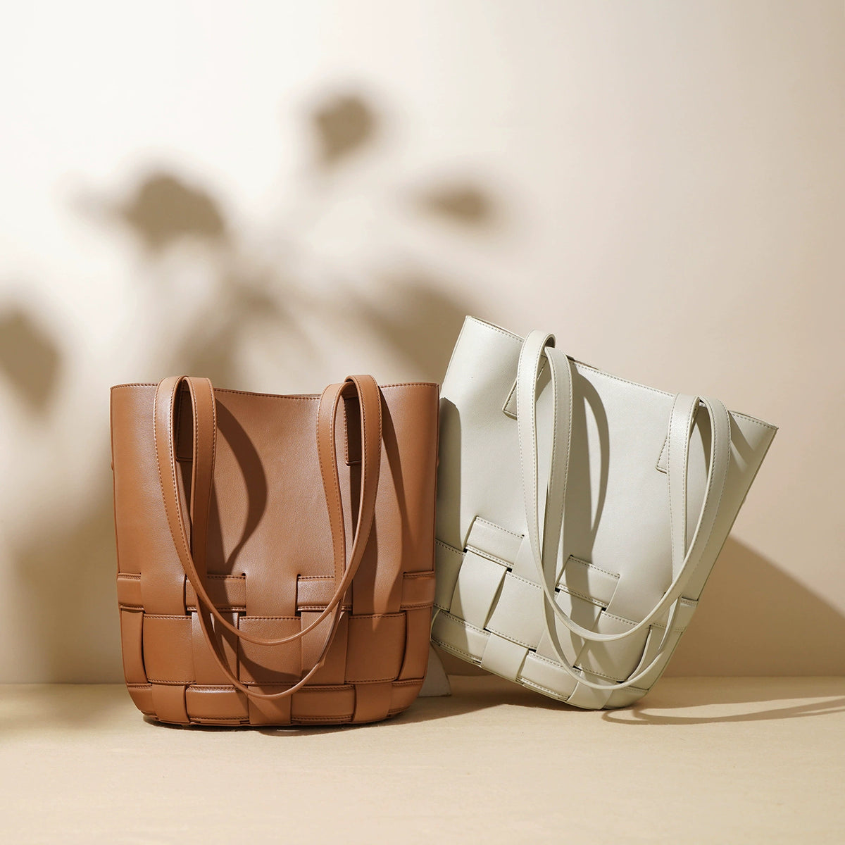 Woven Genuine Leather Shoulder Tote Bag – Caramel / Matcha / Limestone