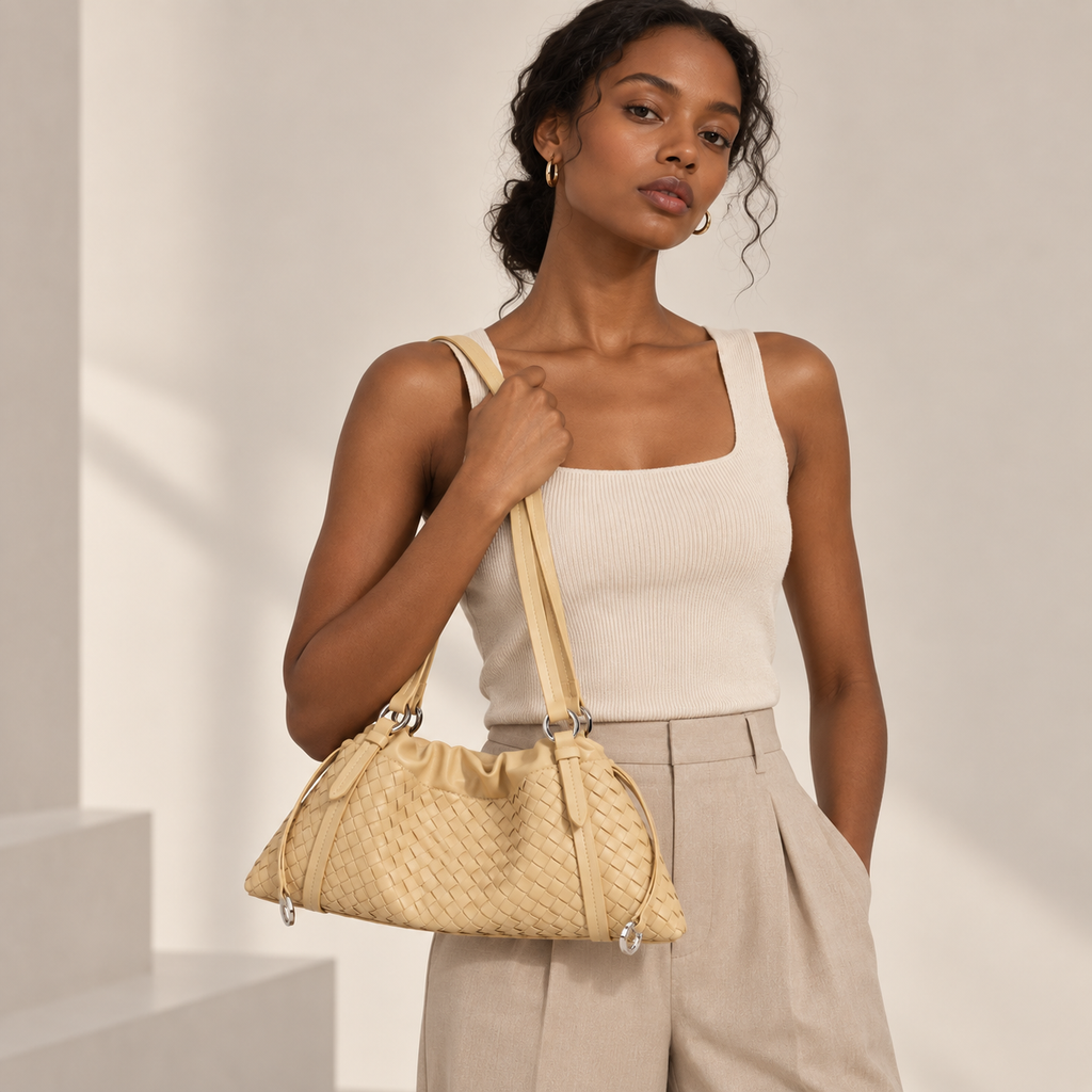 Woven Genuine Leather Cloud Bag for Women — Pleated Top-Grain Shoulder Handbag