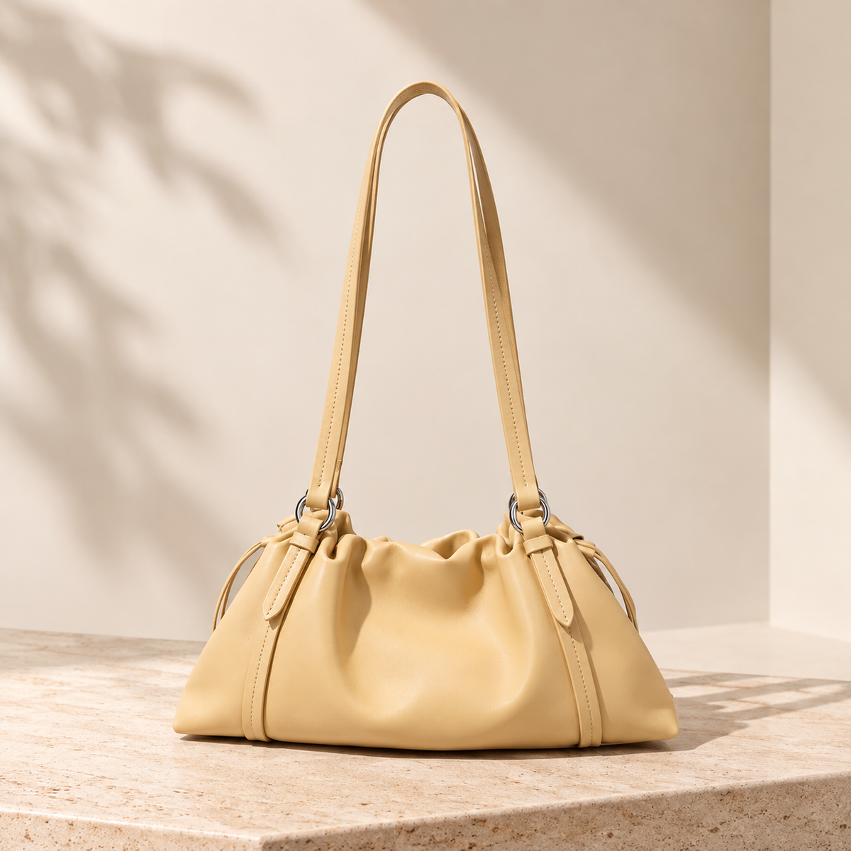 Woven Genuine Leather Cloud Bag for Women — Pleated Top-Grain Shoulder Handbag