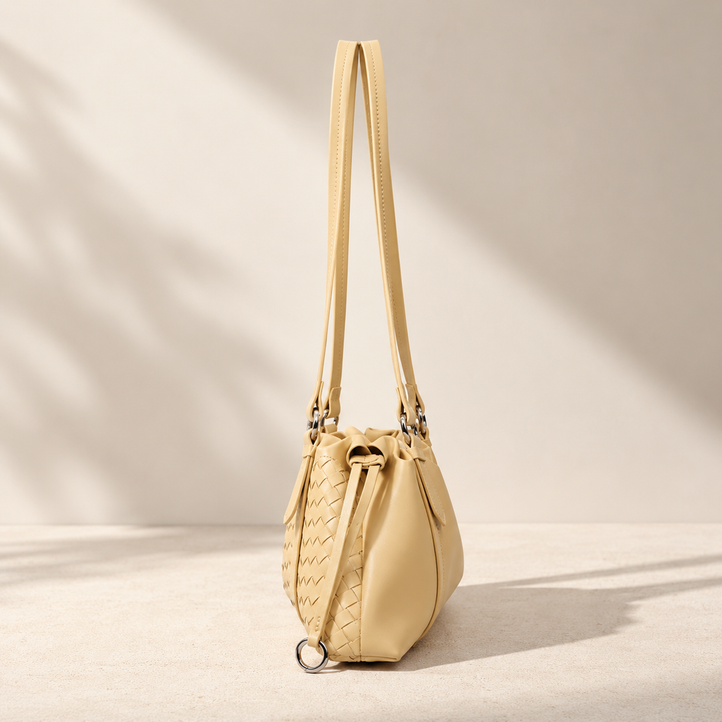 Woven Genuine Leather Cloud Bag for Women — Pleated Top-Grain Shoulder Handbag