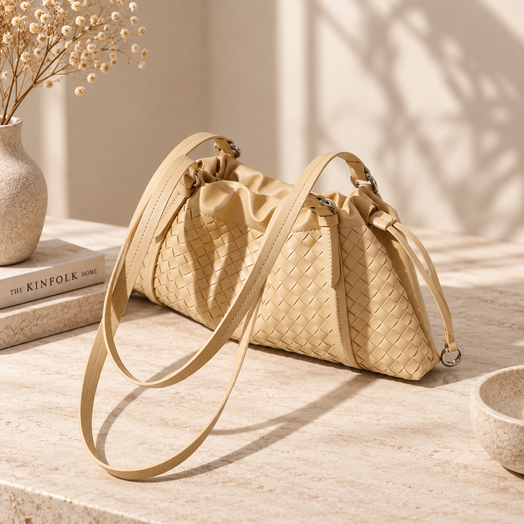 Woven Genuine Leather Cloud Bag for Women — Pleated Top-Grain Shoulder Handbag