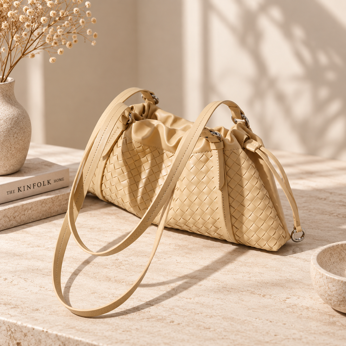 Woven Genuine Leather Cloud Bag for Women — Pleated Top-Grain Shoulder Handbag