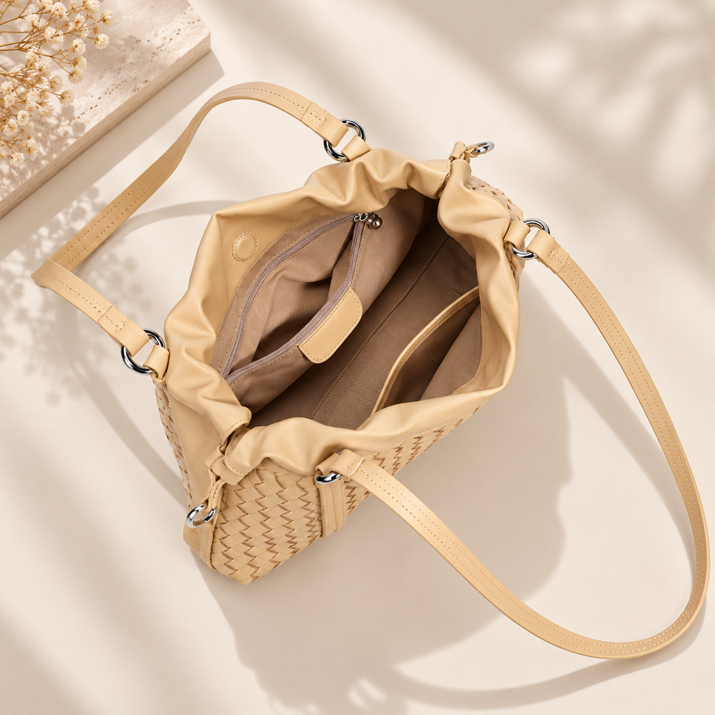 Woven Genuine Leather Cloud Bag for Women — Pleated Top-Grain Shoulder Handbag