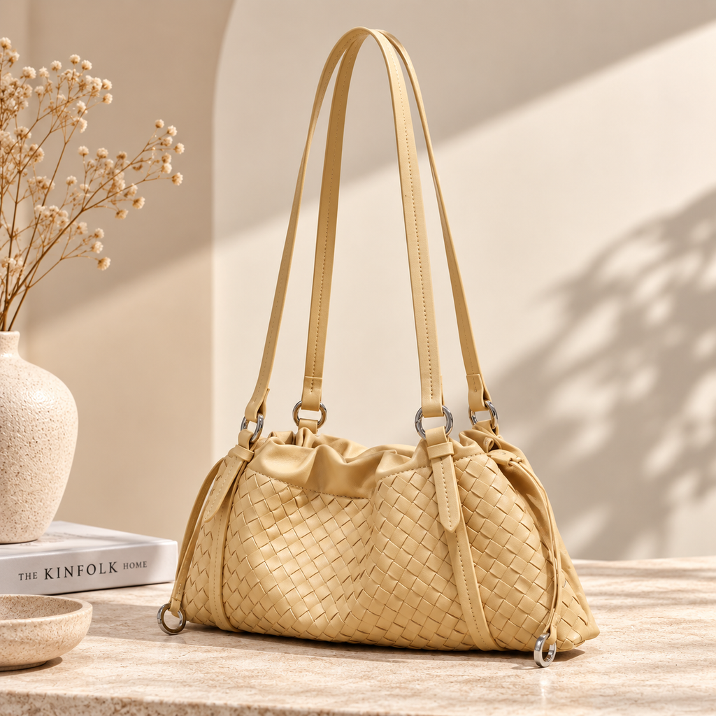 Woven Genuine Leather Cloud Bag for Women — Pleated Top-Grain Shoulder Handbag in Goose Yellow