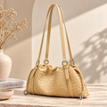 Woven Genuine Leather Cloud Bag for Women — Pleated Top-Grain Shoulder Handbag in Goose Yellow