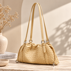Woven Genuine Leather Cloud Bag for Women — Pleated Top-Grain Shoulder Handbag in Goose Yellow