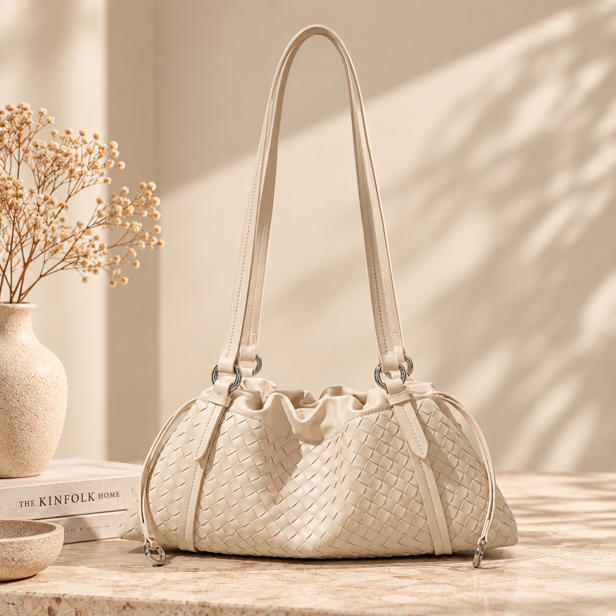 Woven Genuine Leather Cloud Bag for Women — Pleated Top-Grain Shoulder Handbag in Off-White