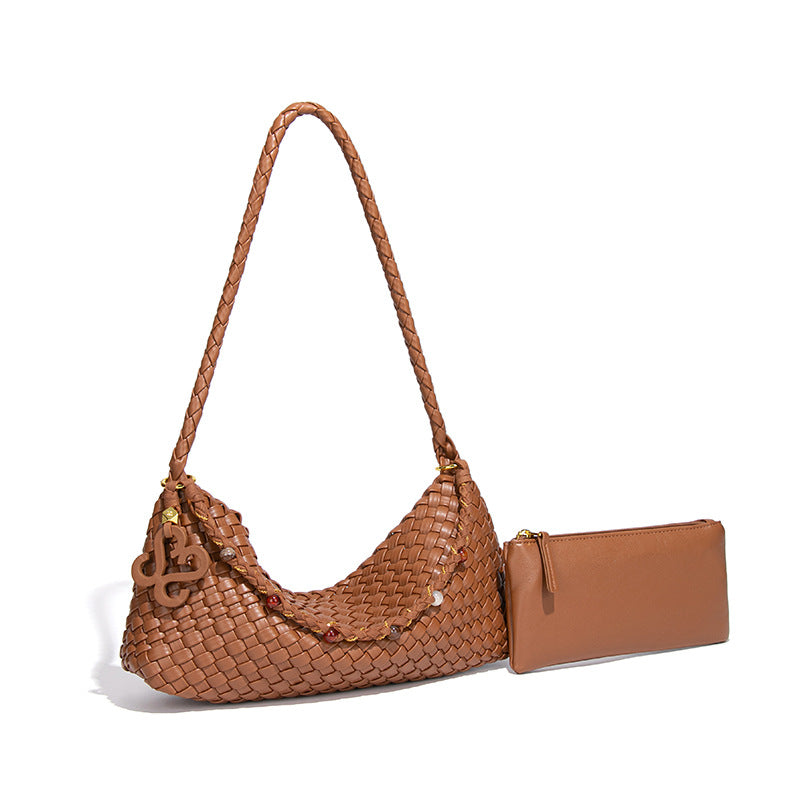 Drape Woven PU Shoulder Bag with Pouch — Caramel Brown