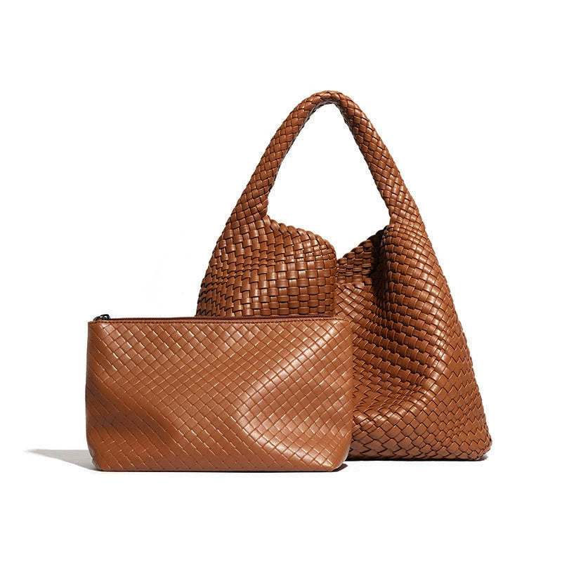 Nest Woven PU Tote with Pouch — Brown
