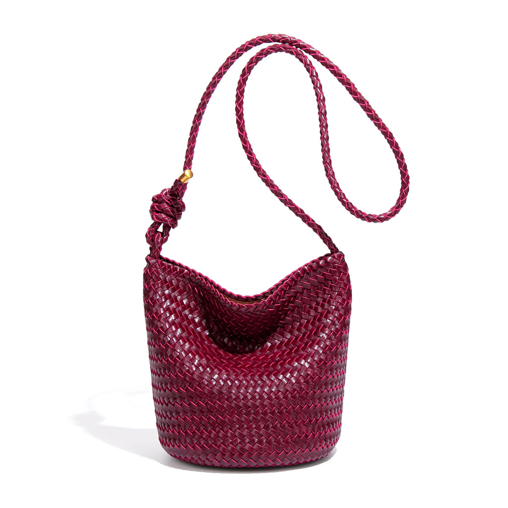 Rope-Handle Woven PU Bucket Bag — Bordeaux