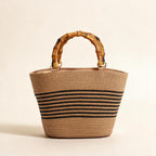 Harbour Bamboo-Effect Handle Woven Paper Tote — Black Stripe