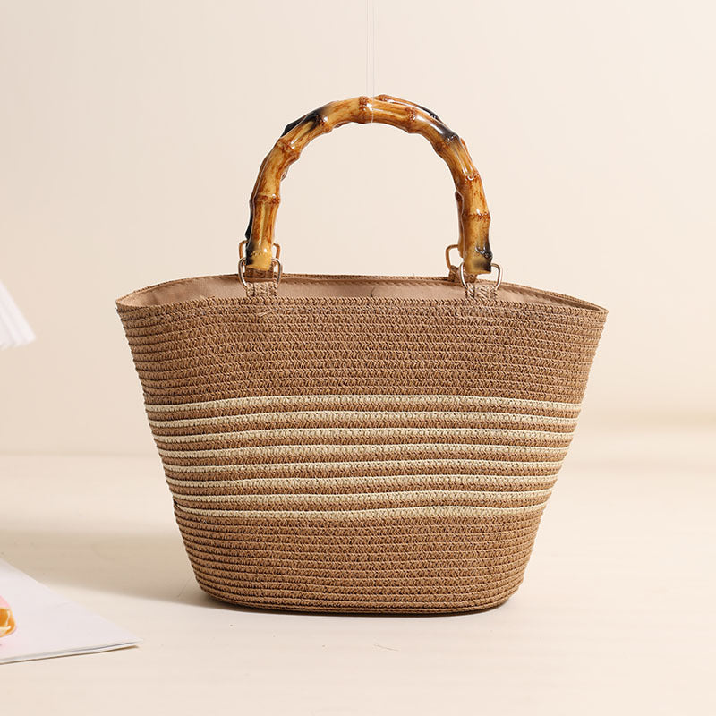 Harbour Bamboo-Effect Handle Woven Paper Tote — Ivory Stripe