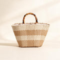 Bamboo-Effect Handle Woven Paper Basket — Natural Stripe