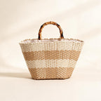 Bamboo-Effect Handle Woven Paper Basket — Natural Stripe