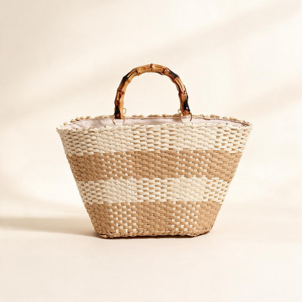 Bamboo-Effect Handle Woven Paper Basket — Natural Stripe