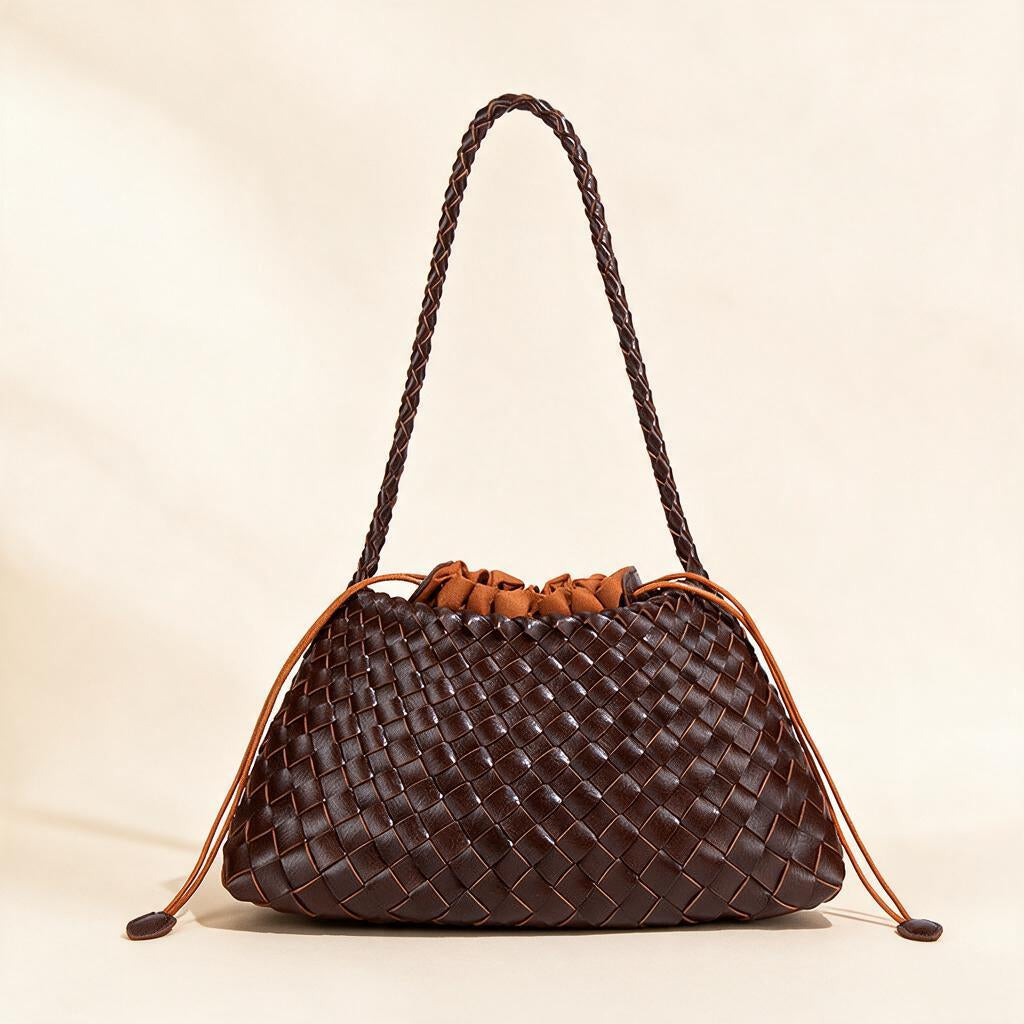 Gather Woven PU Shoulder Bag — Chocolate