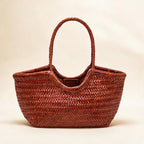 Herringbone Woven Cowhide Basket — Tan