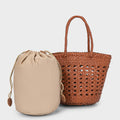 Open-Weave Cowhide Bucket Bag — Tan