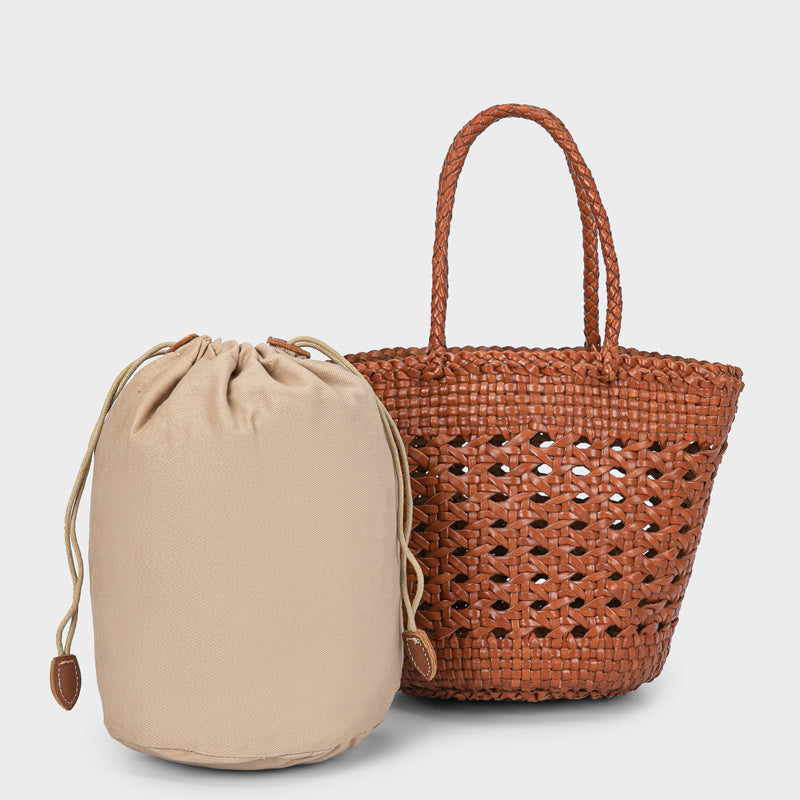 Open-Weave Cowhide Bucket Bag — Tan