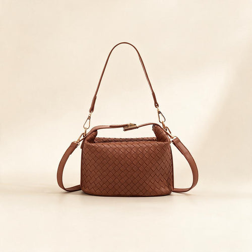 Box Woven-Texture PU Handbag — Brown