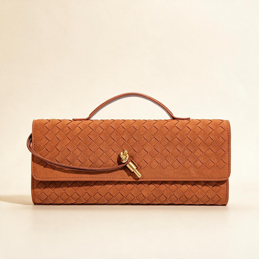 Line Woven PU Baguette Bag — Brown