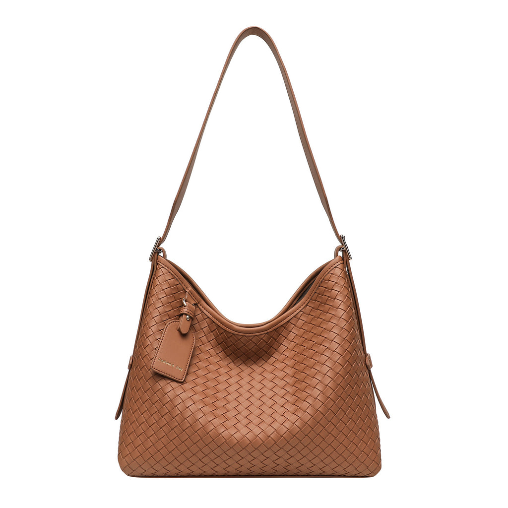 Daily Woven-Texture PU Tote — Brown