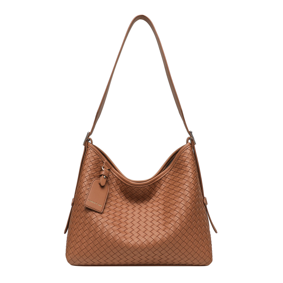Daily Woven-Texture PU Tote — Brown