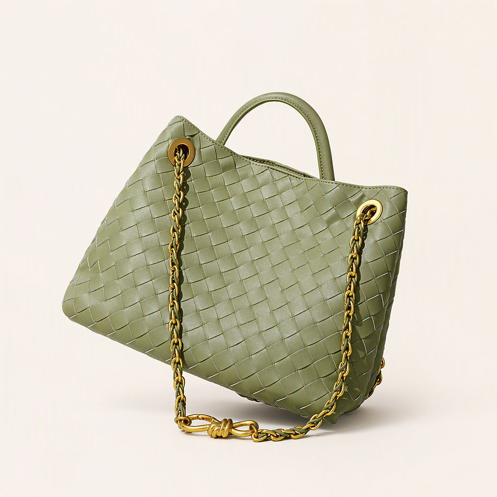 Woven Cowhide Tote Bag for Women — Braided Leather Shoulder Bag with Chain Accent