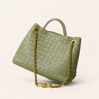 Woven Cowhide Tote Bag for Women — Braided Leather Shoulder Bag with Chain Accent