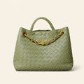 Woven Cowhide Tote Bag for Women — Braided Leather Shoulder Bag with Chain Accent in Travertine Green
