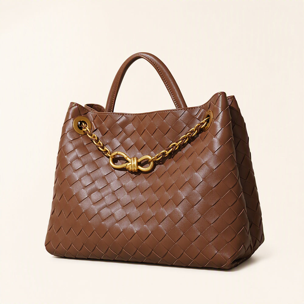 Woven Cowhide Tote Bag for Women — Braided Leather Shoulder Bag with Chain Accent in Caramel